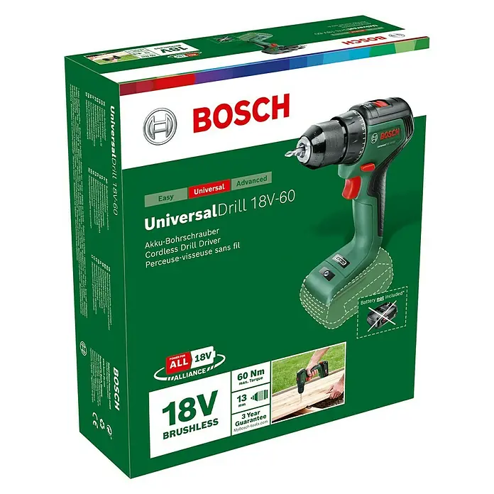 Bosch Power for All 18V Akku-Bohrschrauber UniversalDrill 18V-60 - 18 V, Ohne Akku, 60 Nm - Abbildung der Verpackung des Akku-Bohrschraubers Bosch UniversalDrill 18V-60, ein vielseitiges und fortschrittliches Werkzeug.