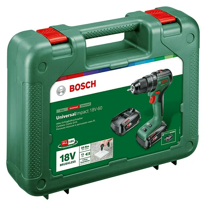 Bosch Power for All 18V Akku-Schlagbohrschrauber UniversalImpact 18V-60 - 18 V, 2 Akkus, 2 Ah, 60 Nm - Akku-Schlagbohrschrauber UniversalImpact 18V-60 von Bosch in grüner Aufbewahrungsbox mit Zubehör.