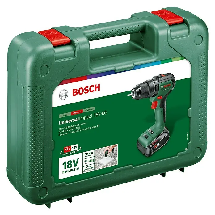Bosch Power for All 18V Akku-Bohrschrauber UniversalDrill 18V-60 - 18 V, 1 Akku, 60 Nm - Abbildung eines Bosch UniversalImpact 18V-60 Akku-Schlagbohrschraubers mit Zubehör in einem grünen Koffer.