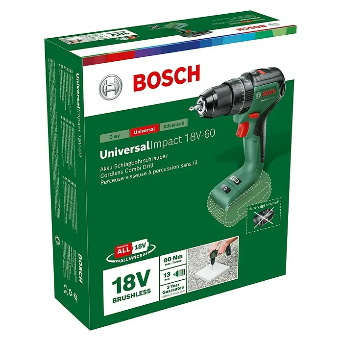 Bosch Power for All 18V Akku-Schlagbohrschrauber UniversalImpact 18V-60 - 18 V, Ohne Akku, 60 Nm - Abbildung der Verpackung des Bosch UniversalImpact 18V-60 Akku-Schlagbohrschraubers, ein vielseitiges und leistungsstarkes Werkzeug.