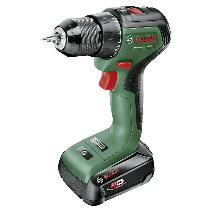 Bosch Power for All 18V Akku-Bohrschrauber UniversalDrill 18V-60 - 18 V, 1 Akku, 60 Nm - Akkubohrschrauber von Bosch, Modell UniversalDrill 18V-60, mit grünem Gehäuse, schwarzem Bohrfutter und rotem Auslöser, ideal für Heimwerker.