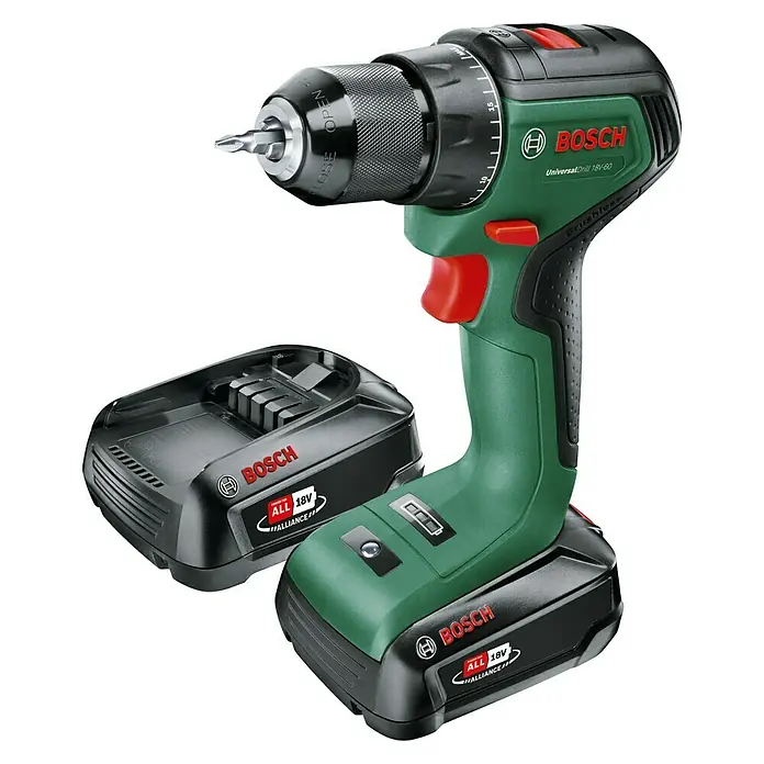 Bosch Power for All 18V Akku-Bohrschrauber UniversalDrill 18V-60 - 18 V, 2 Akkus, 60 Nm - Abbildung eines Bosch UniversalDrill 18V-60 Akku-Bohrschraubers mit Akku und Ladegerät, ideal für verschiedenste Bohrarbeiten.