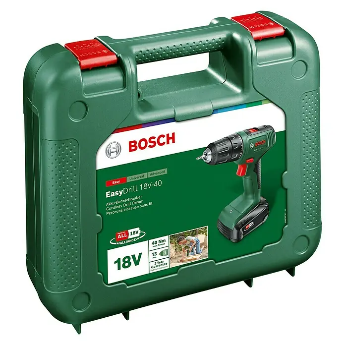 Bosch Power for All 18V Akku-Bohrschrauber EasyDrill 18V-40 - 18 V, 1 Akku, 2 Ah, 40 Nm - Bosch EasyDrill 18V-40 Akku-Bohrschrauber im grünen Koffer. Das Set enthält den Akku-Bohrschrauber und Zubehör.