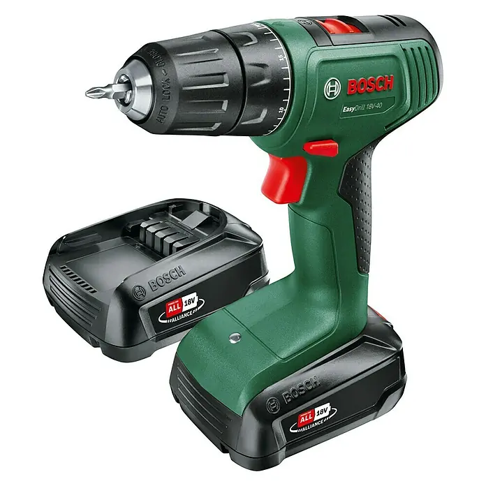Bosch Power for All 18V Akku-Bohrschrauber EasyDrill 18V-40 - 18 V, 2 Akkus, 2 Ah, 40 Nm - Akkubohrschrauber von Bosch, Modell EasyDrill 18V-40, mit Akku und Ladegerät. Das grüne Werkzeug ist ideal für Heimwerkerarbeiten.