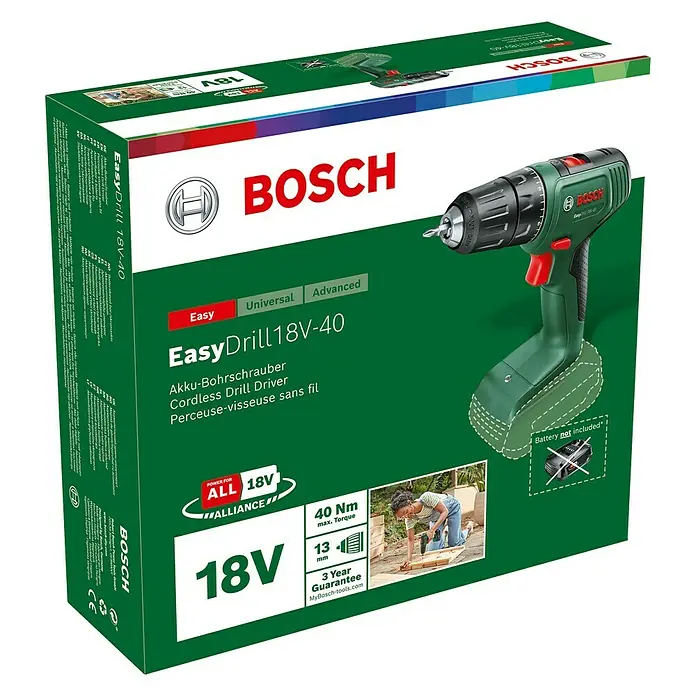 Bosch Power for All 18V Akku-Bohrschrauber EasyDrill 18V-40 - 18 V, Ohne Akku, 40 Nm - Abbildung der Verpackung eines Bosch EasyDrill 18V-40 Akku-Bohrschraubers, ein praktisches Werkzeug für müheloses Schrauben und Bohren.
