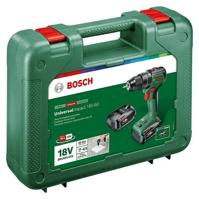Bosch Power for All 18V Akku-Bohrschrauber UniversalDrill 18V-60 - 18 V, 2 Akkus, 60 Nm - Akkuschrauber UniversalImpact 18V-60 von Bosch in grüner Aufbewahrungsbox mit rotem Verschluss.