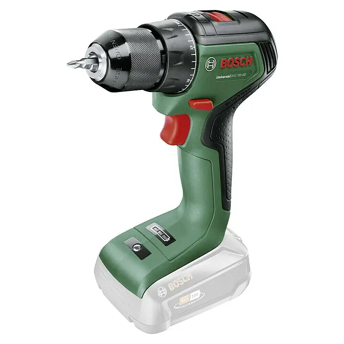 Bosch Power for All 18V Akku-Bohrschrauber UniversalDrill 18V-60 - 18 V, Ohne Akku, 60 Nm - Nahaufnahme eines grünen Bosch UniversalDrill 18V-60 Akku-Bohrschraubers mit Bit, ideal für DIY-Projekte und professionelle Anwendungen.