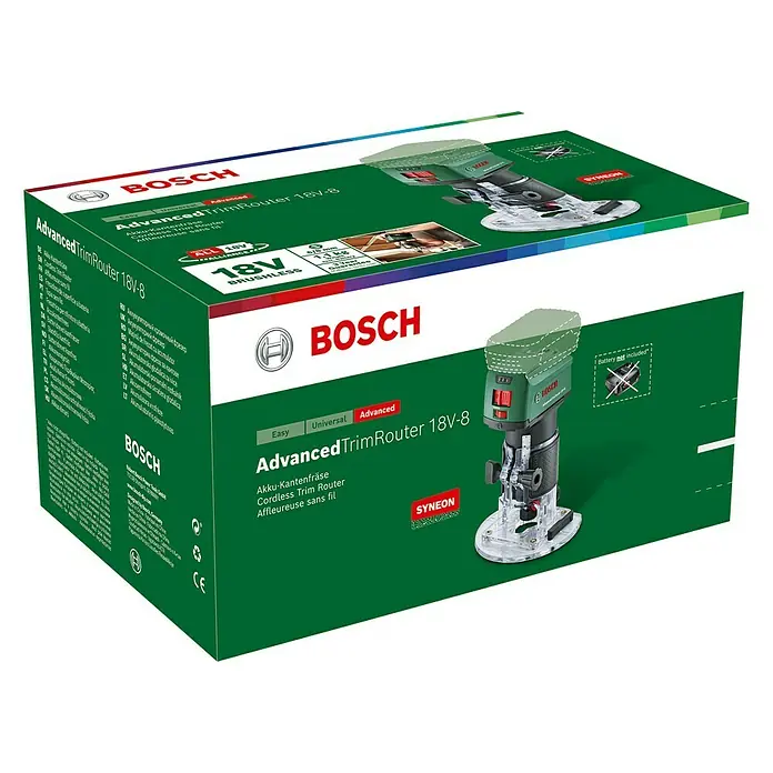 Bosch Power for All 18V Akku-Kombifräse AdvancedTrimRouter 18V-8 - 18 V, Ohne Akku, Leerlaufdrehzahl: 10.000 U/min - 30.000 U/min - Verpackung des Bosch Advanced TrimRouter 18V-8 Akku-Kantenfräse, ein kabelloser Trimmer für präzise Kantenbearbeitung.