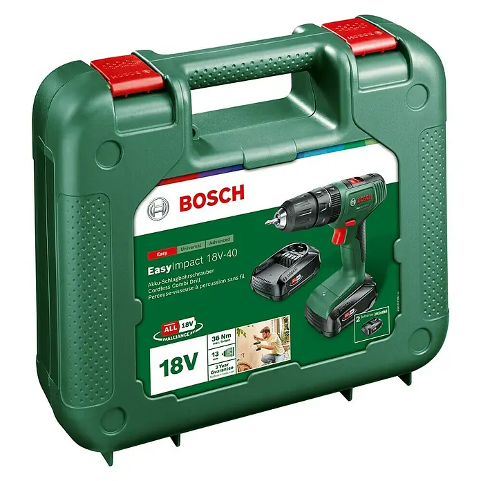 Bosch Power for All 18V Akku-Schlagbohrschrauber EasyImpact 18V-40 - 18 V, 2 Akkus, 2 Ah, 40 Nm - Das Bild zeigt einen grünen Bosch EasyImpact 18V-40 Akku-Schlagbohrschrauber im Koffer mit Zubehör.