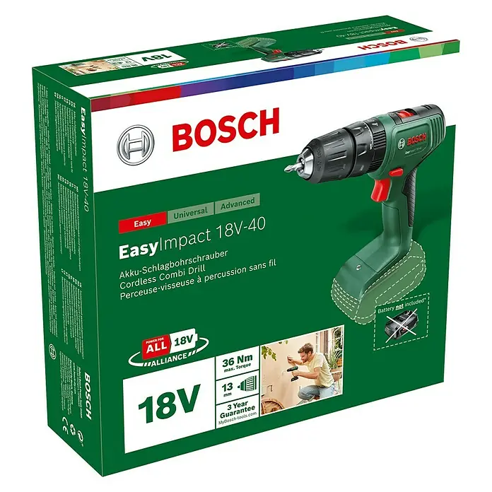 Bosch Power for All 18V Akku-Schlagbohrschrauber EasyImpact 18V-40 - 18 V, Ohne Akku, 40 Nm - Abbildung der Verpackung eines Bosch EasyImpact 18V-40 Akku-Schlagbohrschraubers. Ein leistungsstarkes Werkzeug für Heimwerker.