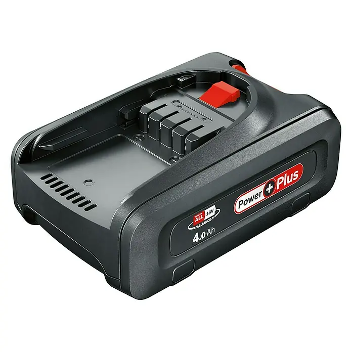 Bosch Power for All 18V Akku PBA Power Plus - 18 V, 4 Ah - Nahaufnahme des Power Plus Akkus, ein zuverlässiger und langlebiger Akku für kabellose Werkzeuge und Geräte.