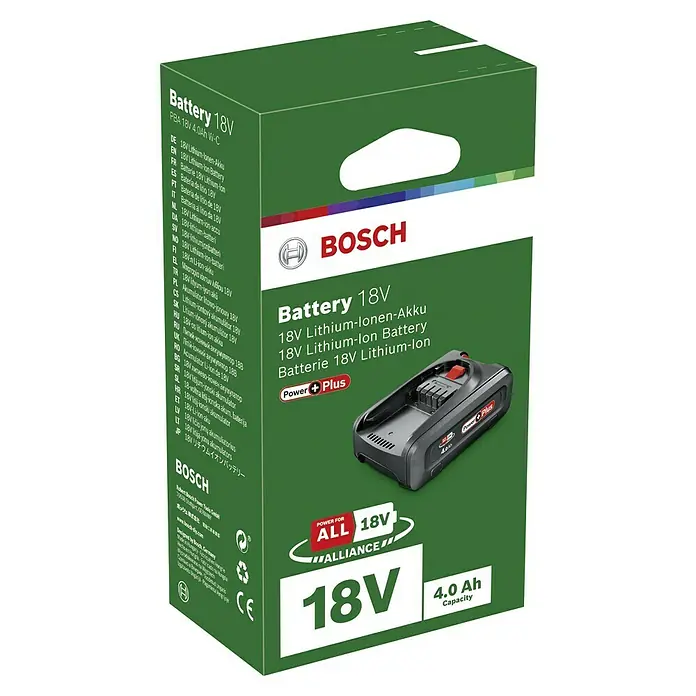 Bosch Power for All 18V Akku PBA Power Plus - 18 V, 4 Ah - Verpackung des Bosch 18V Power Plus Akkus mit 4.0 Ah Kapazität.