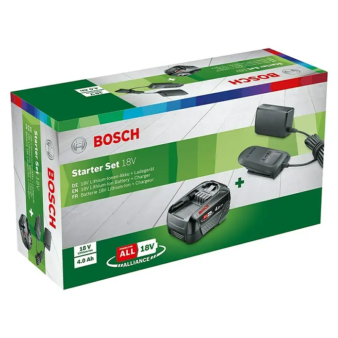 Bosch Power for All 18V Batería y cargador - 18 V, 1 batería, 4 Ah - Kit de inicio Bosch 18V con batería de litio y cargador para herramientas inalámbricas.