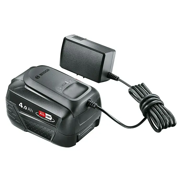 Bosch Power for All 18V Batería y cargador - 18 V, 1 batería, 4 Ah - La imagen muestra una batería Bosch de 4.0 Ah conectada a un cargador, sobre un fondo negro.
