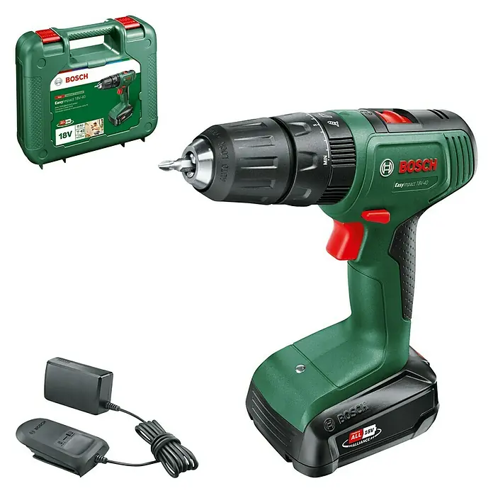 Bosch Power for All 18V Akku-Schlagbohrschrauber EasyImpact 18V-40 - 18 V, 1 Akku, 2 Ah, 40 Nm - Ein Akku-Bohrschrauber Bosch EasyImpact 18V-40 mit Akku, Ladegerät und Koffer. Ideal für Heimwerkerprojekte und Reparaturen im Haus.