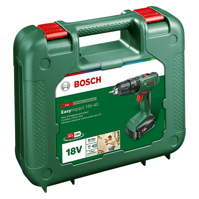 Bosch Power for All 18V Akku-Schlagbohrschrauber EasyImpact 18V-40 - 18 V, 1 Akku, 2 Ah, 40 Nm - Abbildung eines Bosch EasyImpact 18V-40 Akku-Schlagbohrschraubers in einer grünen Werkzeugtasche.