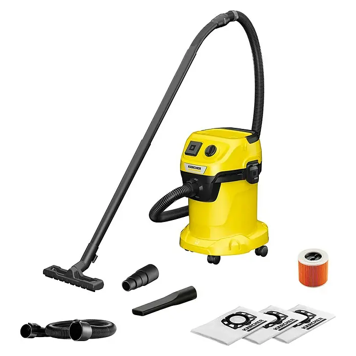 Kärcher Elektro-Nass- & Trockensauger WD 3 P V-17/4/20 Extension - 1.000 W, 17 l, 9 -tlg. - Das Bild zeigt einen gelben Kärcher Mehrzwecksauger mit Zubehör auf schwarzem Hintergrund.