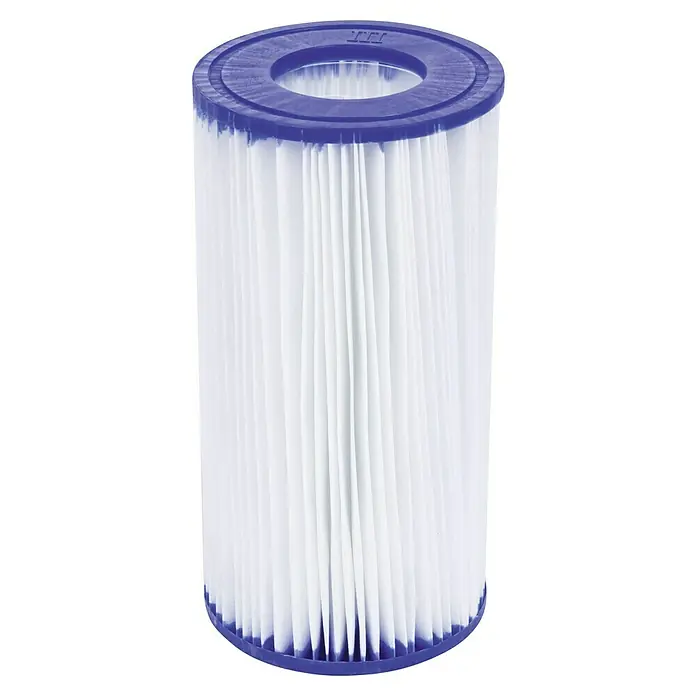 Bestway Filterkartusche Gr. III - Ø x H: 10,6 x 20,3 cm - Bild einer Poolfilterpatrone mit Faltenfilter und blauen Endkappen.