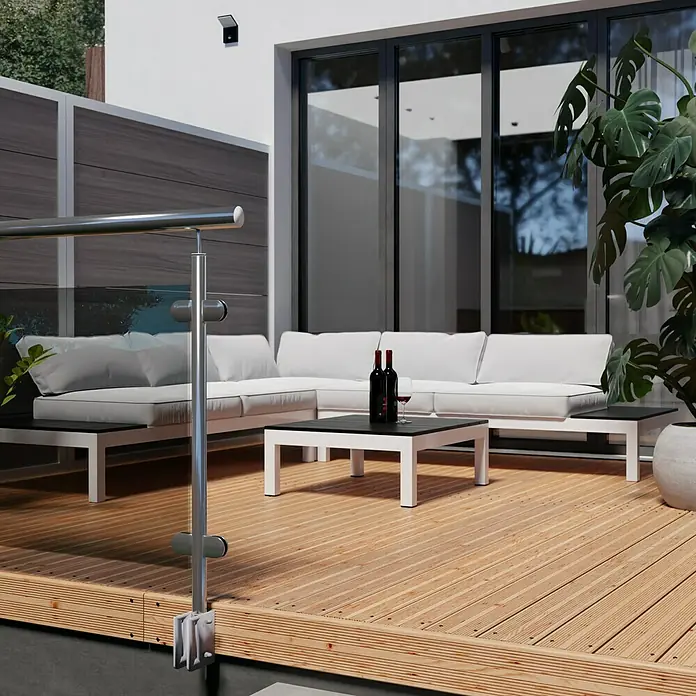 Terrassendiele - Douglasie, 200 x 12,5 x 2,5 cm, Rötlich gelblich - Entspannen Sie im Freien mit diesem stilvollen Terrassenset. Bequeme Sofas und ein moderner Tisch schaffen eine einladende Atmosphäre.