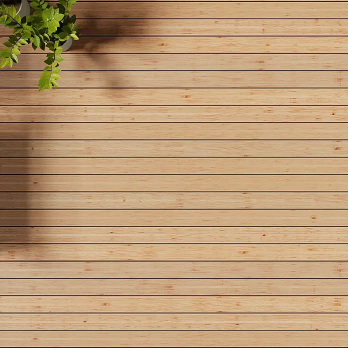 Terrassendiele - Douglasie, 300 x 12,5 x 2,5 cm, Rötlich gelblich - Holzterrasse mit Topfpflanze in der linken Ecke, natürliche Holzstruktur und warme Farbgebung für Außenbereiche.