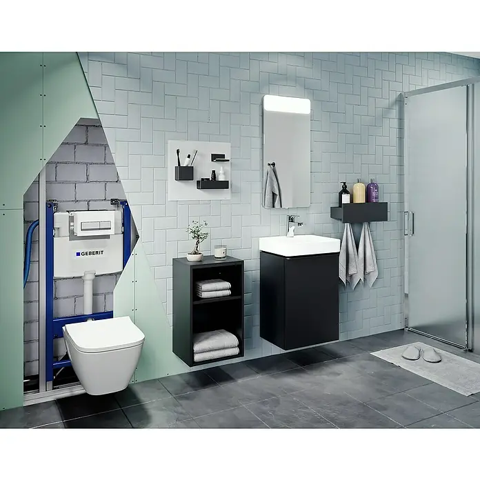 Geberit Duofix WC-Vorwandelement Basic 458.103.00.2 mit Delta UP-Spülkasten - 2-Mengen-Spülung, 12 x 50 x 112 cm - Modernes Badezimmer mit wandhängendem Geberit WC-System, Waschtisch und Stauraumlösungen.
