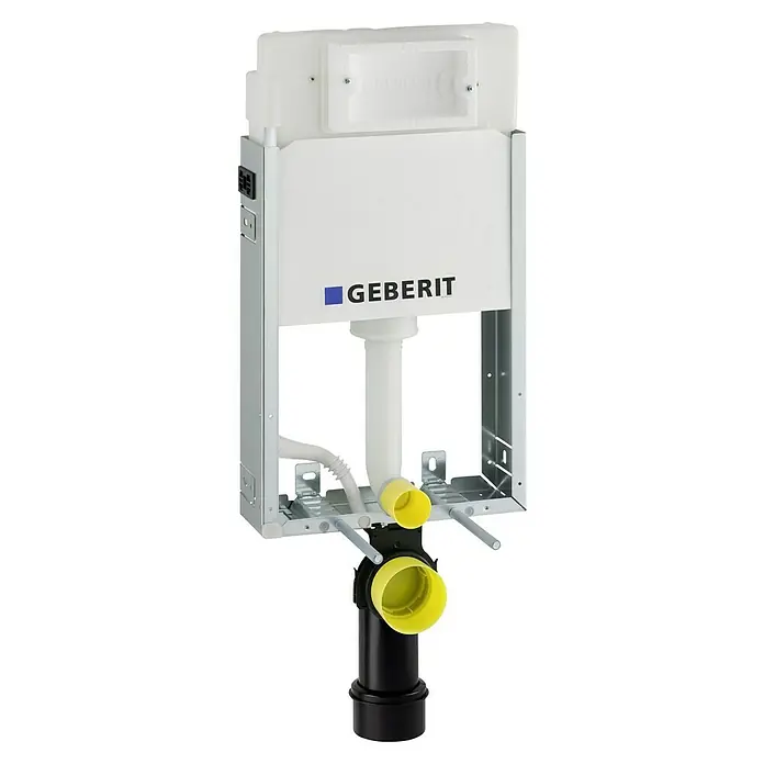 Geberit Kombifix Cisterna de WC empotrada - Volumen de descarga: 3 l - 6 l, 2 descargas, 12 x 42 x 108 cm - Imagen de una cisterna oculta Geberit con un marco cromado y los elementos de instalación asociados.