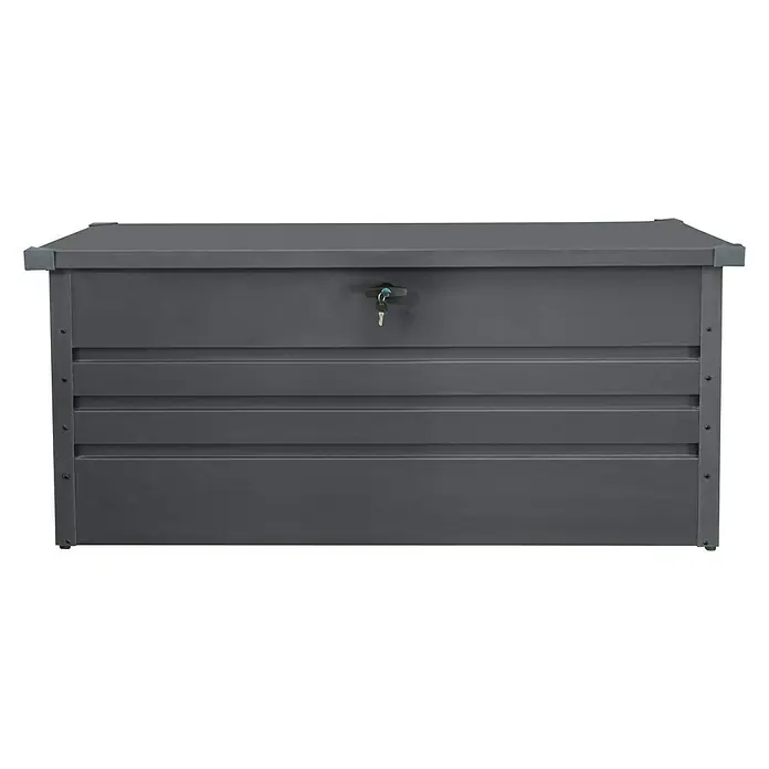 Gardol Garten-Aufbewahrungsbox - L x B x H: 165 x 70 x 62 cm, Anthrazit, Metall - Bild einer grauen Gartenbox. Die Box ist aus Metall und hat einen abschließbaren Deckel, ideal für die Aufbewahrung im Freien.