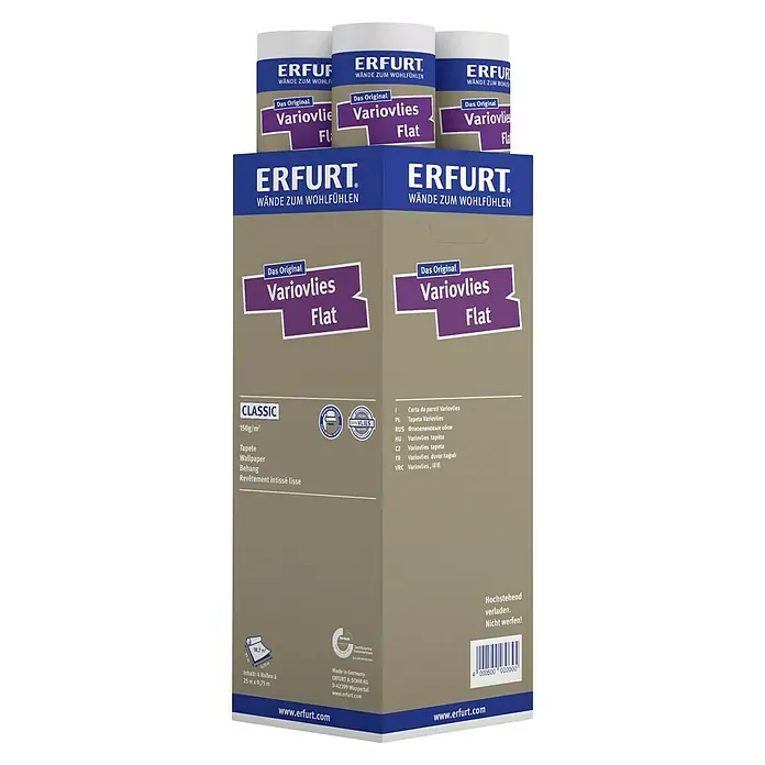 Erfurt Vliestapete Variovlies Flat Classic - Weiß, Uni, 25 x 0,75 m - Abbildung einer Verpackung und Rollen Erfurt Variovlies Flat Vliestapete, ideal für glatte Wände und Renovierungen mit hoher Deckkraft.