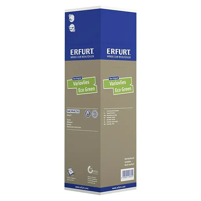 Erfurt Vliestapete Variovlies EcoGreen - Weiß, Uni, 20 x 0,75 m - Produktverpackung von Erfurt Variovlies Eco Green Tapete, nachhaltige Wandbekleidung für ein angenehmes Wohngefühl.