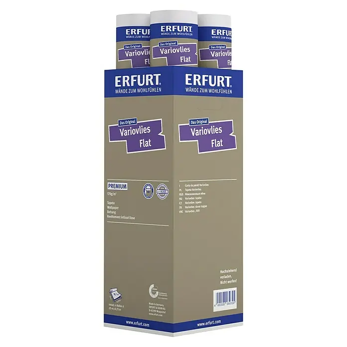 Erfurt Vliestapete Variovlies Flat Premium - Weiß, Uni, 25 x 0,75 m - Das Bild zeigt eine Packung Erfurt Variovlies Flat Vliestapete, eine hochwertige und glatte Tapete für ein angenehmes Wohngefühl.