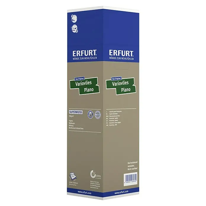 Erfurt Vliestapete Variovlies Plano - Superweiß, Uni, 20 x 0,75 m - Produktverpackung von Erfurt Variovlies Plano Superweiss: Eine Rolle für makellose Wände.