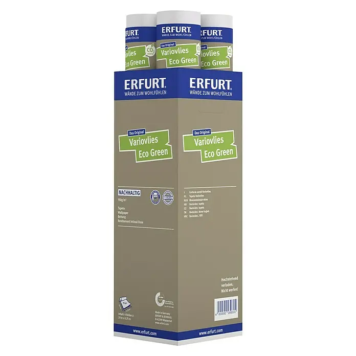 Erfurt Vliestapete Variovlies EcoGreen - Weiß, Uni, 20 x 0,75 m - Produktansicht der Erfurt Variovlies Eco Green Tapetenrolle und Verpackung, umweltfreundliche Wandgestaltung.
