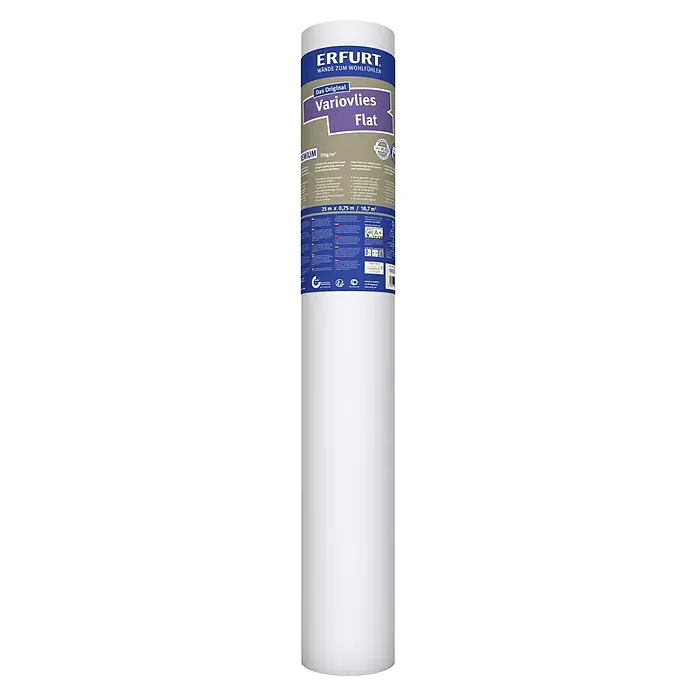Erfurt Vliestapete Variovlies Flat Premium - Weiß, Uni, 25 x 0,75 m - Produktaufnahme einer Rolle Erfurt Variovlies Flat, eine hochwertige Wandverkleidung für ein angenehmes Raumklima, 25 m x 0,75 m.