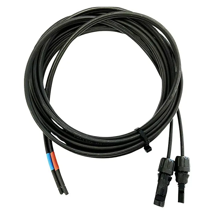 Offgridtec Verbindungskabel Solar - 0% MwSt. (gem. § 12 Abs. 3 UStG) - 8 m, 6 mm², MC-4-Stecker - Schwarzes Solarkabel mit Steckern an beiden Enden, aufgerollt dargestellt. Ideal für Solaranlagen.