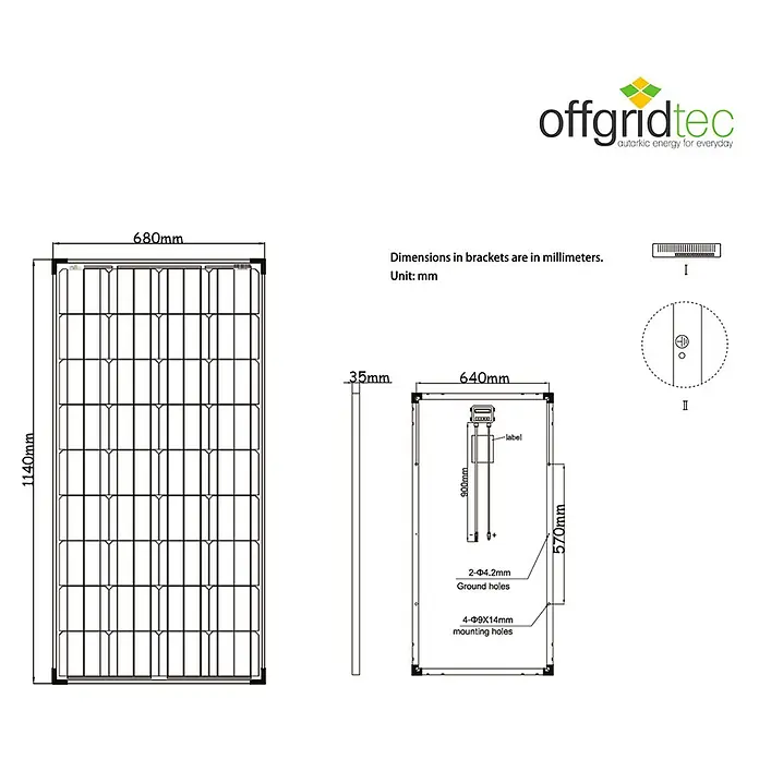 Offgridtec Solarmodul 0% MwSt. (gem. § 12 Abs. 3 UStG) - Nennleistung: 150 W, 114 x 68 x 3,5 cm, 1 Stk. - Abbildung des Offgridtec Solarmoduls mit Maßangaben zu Länge (1140mm), Breite (680mm) und Dicke (35mm) sowie Details zu Befestigungslöchern.