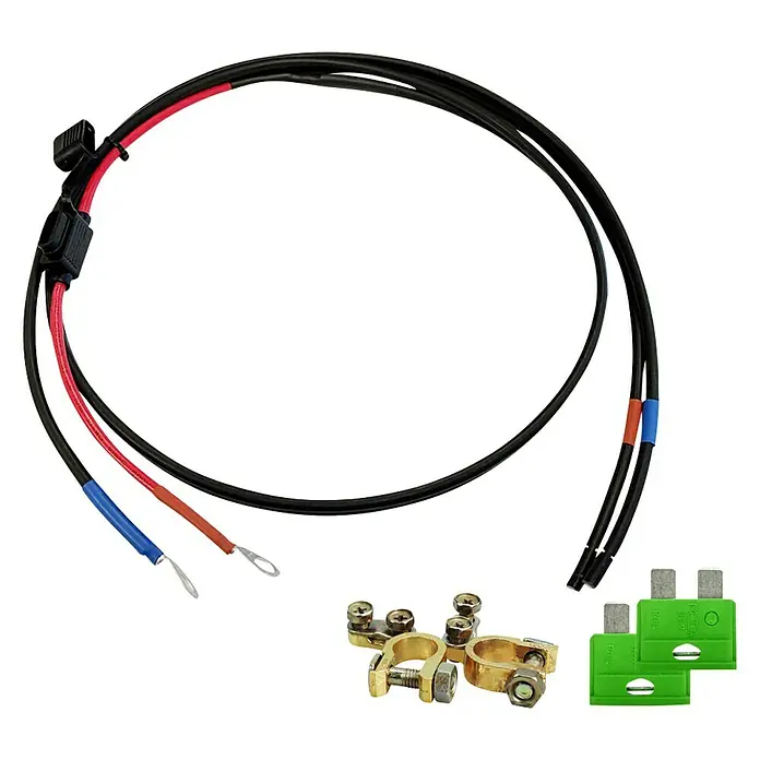 Offgridtec Batteriekabel - Länge: 1,5 m, Schwarz - Ein Set aus Kabeln, Batterieklemmen und Sicherungen, ideal für elektrische Verbindungen.