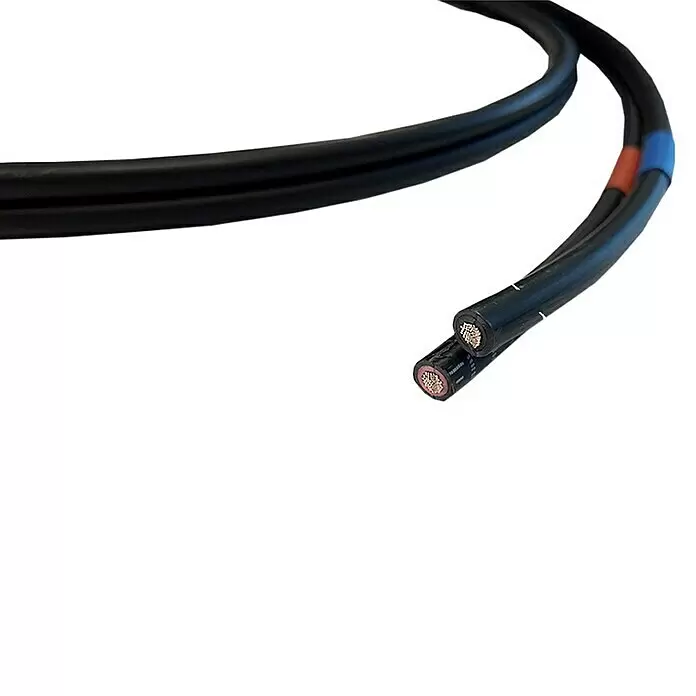 Offgridtec Batteriekabel - Länge: 1,5 m, Schwarz - Schwarzes zweiadriges Solarkabel mit freiliegenden Kupferleitern, rot und blau markiert.