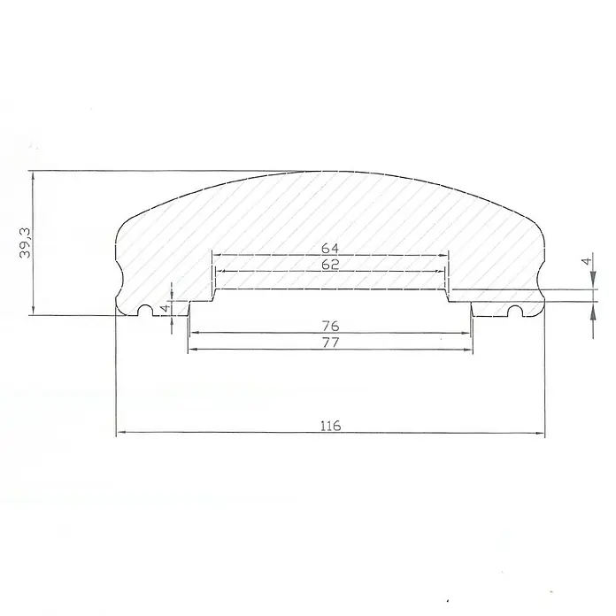 Handlauf - Fichte/Tanne, 1.480 x 115 x 40 mm - Technische Zeichnung eines Profils mit Maßen.