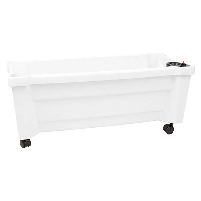KHW Pflanzkasten Calypso - Außenmaß (L x B x H): 79 x 35 x 33 cm, Kunststoff, Weiß, Ohne Rankgitter - Hier ist ein weißer Pflanzkasten aus Kunststoff mit Rollen, der sich ideal für den Garten oder die Terrasse eignet. Er ist robust und leicht zu bewegen.