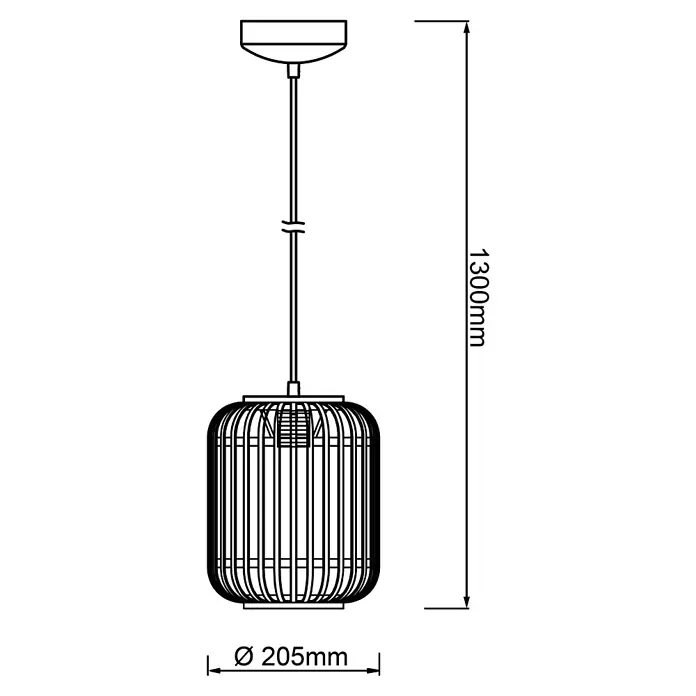 Brilliant Woodrow Pendelleuchte - E27, 60 W, Schwarz - Eine schematische Darstellung einer Pendelleuchte mit einem Durchmesser von 205 mm und einer Höhe von 1300 mm. Das Produkt hat eine runde Form.