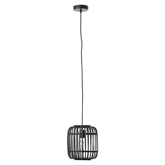 Brilliant Woodrow Pendelleuchte - E27, 60 W, Schwarz - Detailaufnahme einer schwarzen Hängeleuchte mit einem rustikalen, käfigartigen Lampenschirm und einer länglichen Aufhängung.