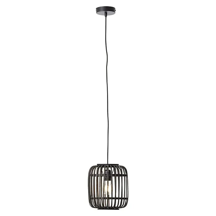 Brilliant Woodrow Pendelleuchte - E27, 60 W, Schwarz - Eine Pendelleuchte mit einem Lampenschirm aus dunklem Holz und einer Glühbirne im Inneren, aufgehängt an einer schwarzen Stange.