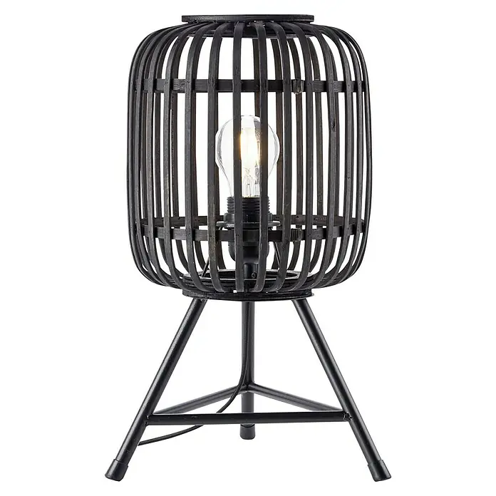 Brilliant Woodrow Tischleuchte - Schwarz, E27, 60 W - Elegante Tischleuchte mit einem schwarzen Bambus-Lampenschirm und einem Tripod-Ständer, ideal für stimmungsvolle Beleuchtung.
