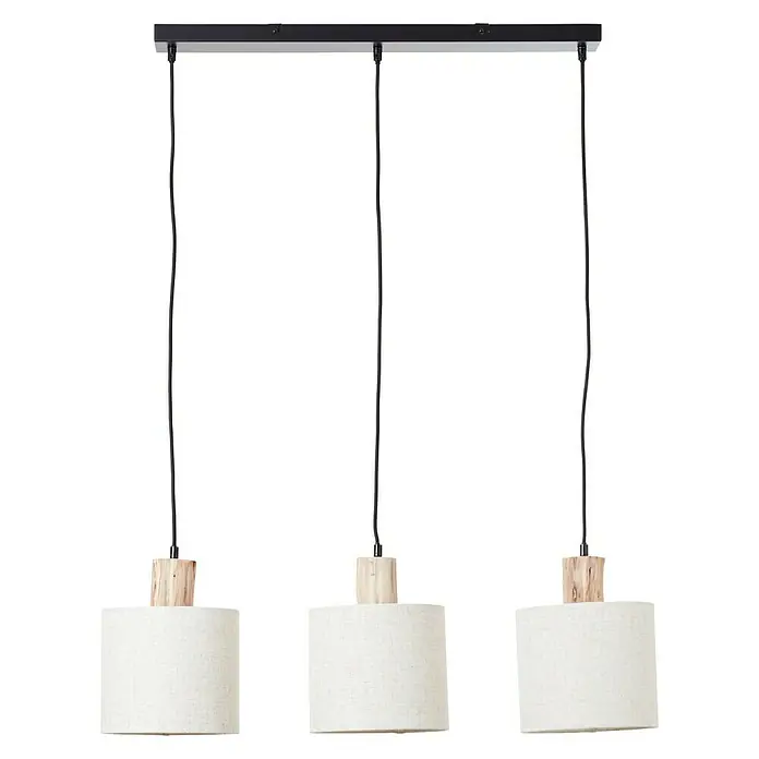Brilliant Pia Pendelleuchte - 40 W, L x B x H: 20 x 80 x 130 cm, Schwarz, E27 - Nahaufnahme einer Pendelleuchte mit drei zylindrischen Lampenschirmen aus weißem Stoff, die von einer rechteckigen, schwarzen Halterung hängen.
