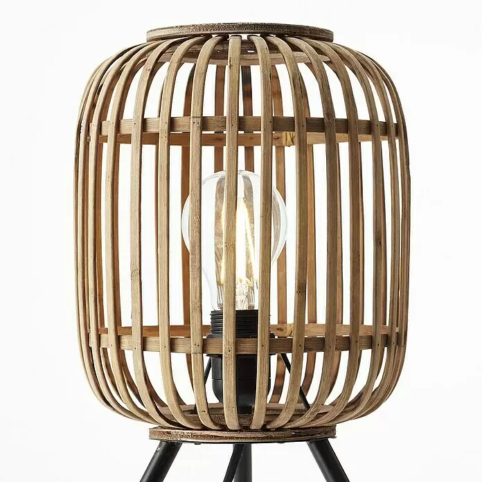 Brilliant Woodrow Tischleuchte - Hellbraun, E27, 60 W - Lampe mit natürlichem Bambus-Käfigschirm, glühender Glühbirne und schwarzen Beinen.