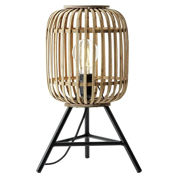 Brilliant Woodrow Tischleuchte - Hellbraun, E27, 60 W - Elegante Tischleuchte mit Lampenschirm aus Bambus und einem schwarzen Metallfuß. Ein echter Hingucker für jedes Zuhause.