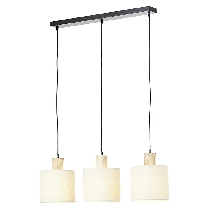 Brilliant Pia Pendelleuchte - 40 W, L x B x H: 20 x 80 x 130 cm, Schwarz, E27 - Dieses Bild zeigt eine Pendelleuchte mit drei Lampenschirmen aus hellem Stoff und Holzelementen, die an einer schwarzen Stange befestigt sind.