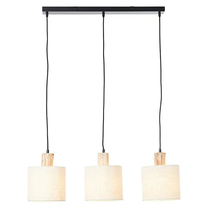 Brilliant Pia Pendelleuchte - 40 W, L x B x H: 20 x 80 x 130 cm, Schwarz, E27 - Hängelampe mit drei Lampenschirmen aus beigem Stoff und Holzelementen, die von einer schwarzen Deckenhalterung herabhängen.