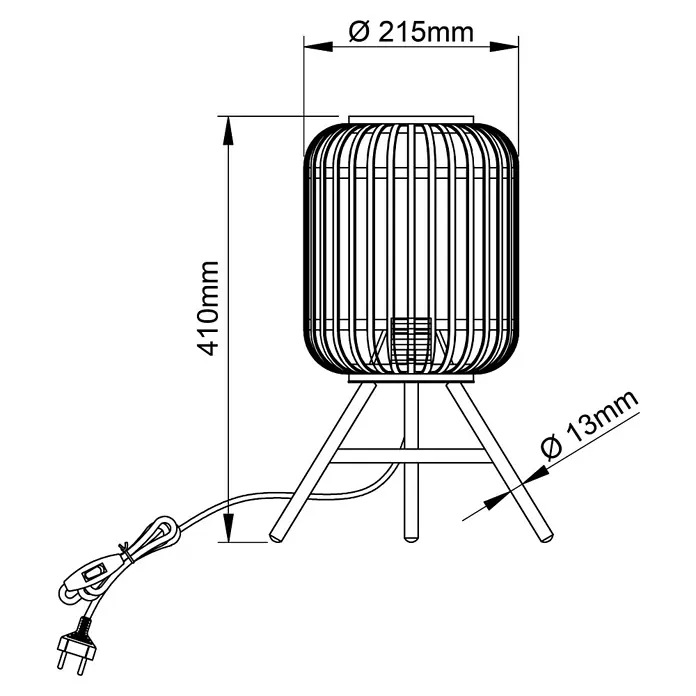 Brilliant Woodrow Tischleuchte - Hellbraun, E27, 60 W - Technische Zeichnung einer Korblampe mit den Maßen 410 mm Höhe und 215 mm Durchmesser, inklusive Kabel und Schalter.