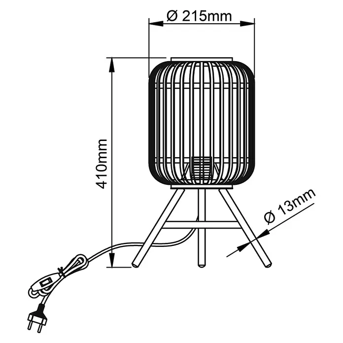 Brilliant Woodrow Tischleuchte - Schwarz, E27, 60 W - Abbildung einer Korbtischleuchte mit den Maßen 410mm Höhe und 215mm Durchmesser, inklusive Kabel und Stecker.